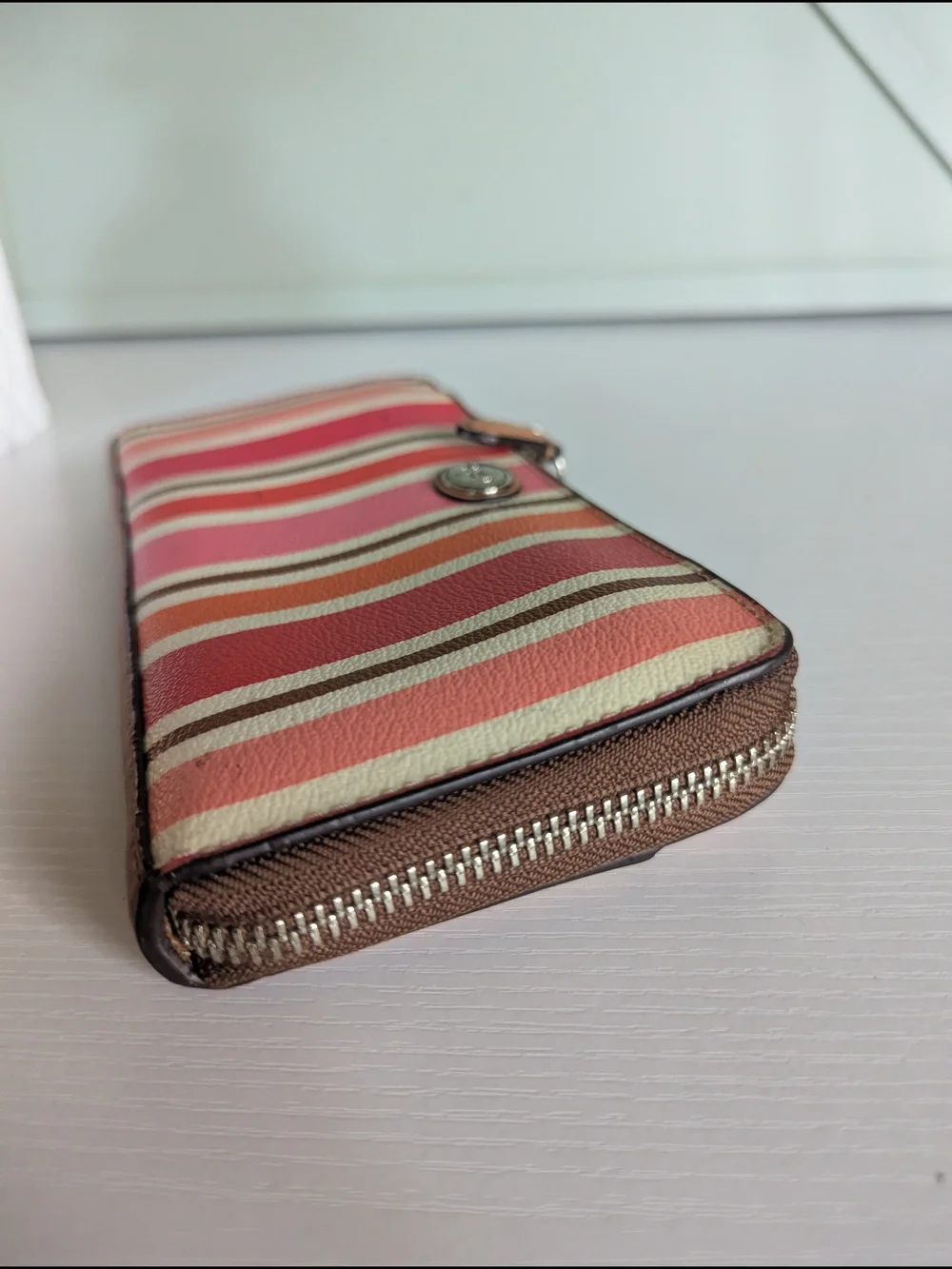 Coach Striped Zip Wallet in Pink, Red, Orange, Brown